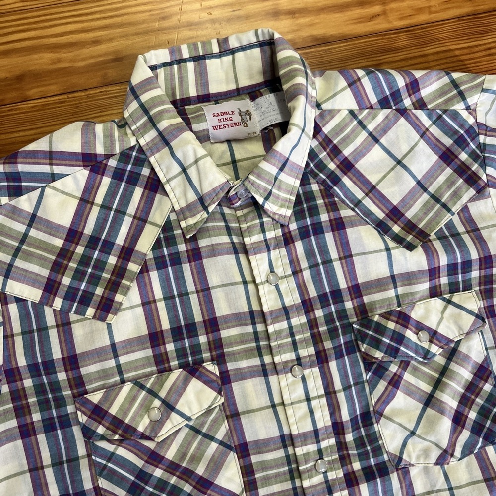 Saddle King Western Plaid Snap Front Pearl Snap Shirt Mens Lightweight 17/35 VTG